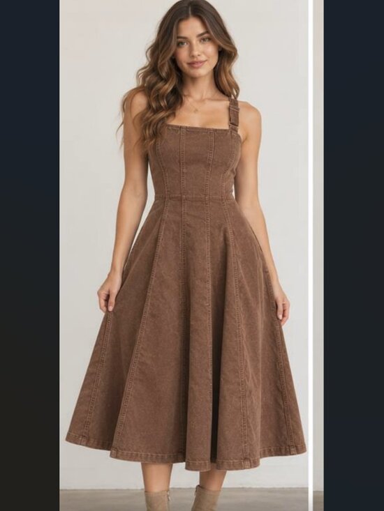 Timing Dresses & Skirts - Brown denim midi dress, mocha fit and flare dress side Pockets